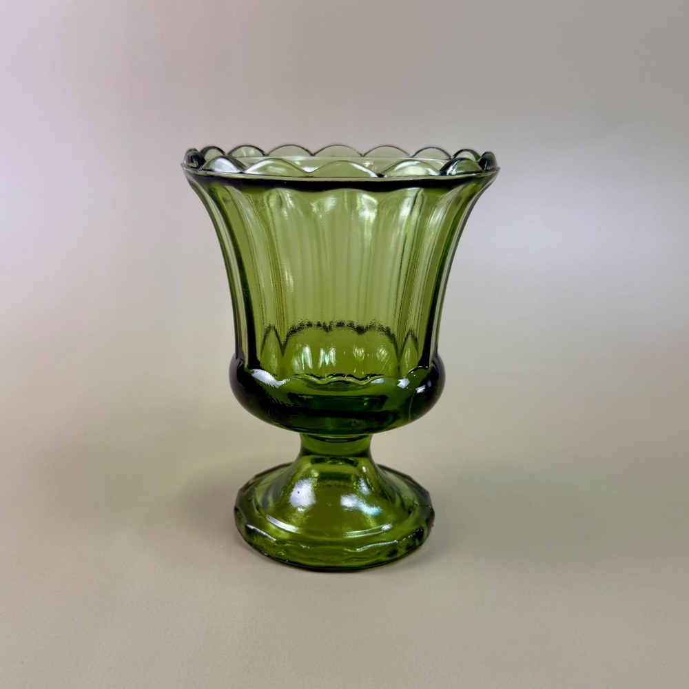 Vintage Avocado Green Pedestal Vase | Fluted Pressed Glass | Lenox Style - Picture 3 of 11